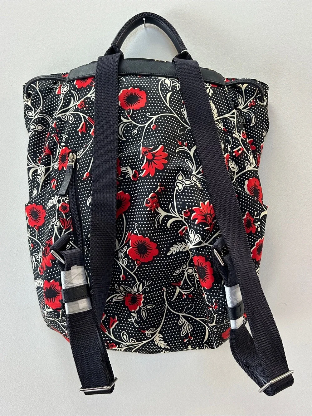 Tory Burch Black Floral Drawstring Backpack with Red and Cream Blooms